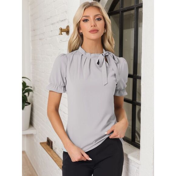 Bow Tie Neck Tops Elegant Office Short Sleeve Blouse Gray - Picture 2 of 6